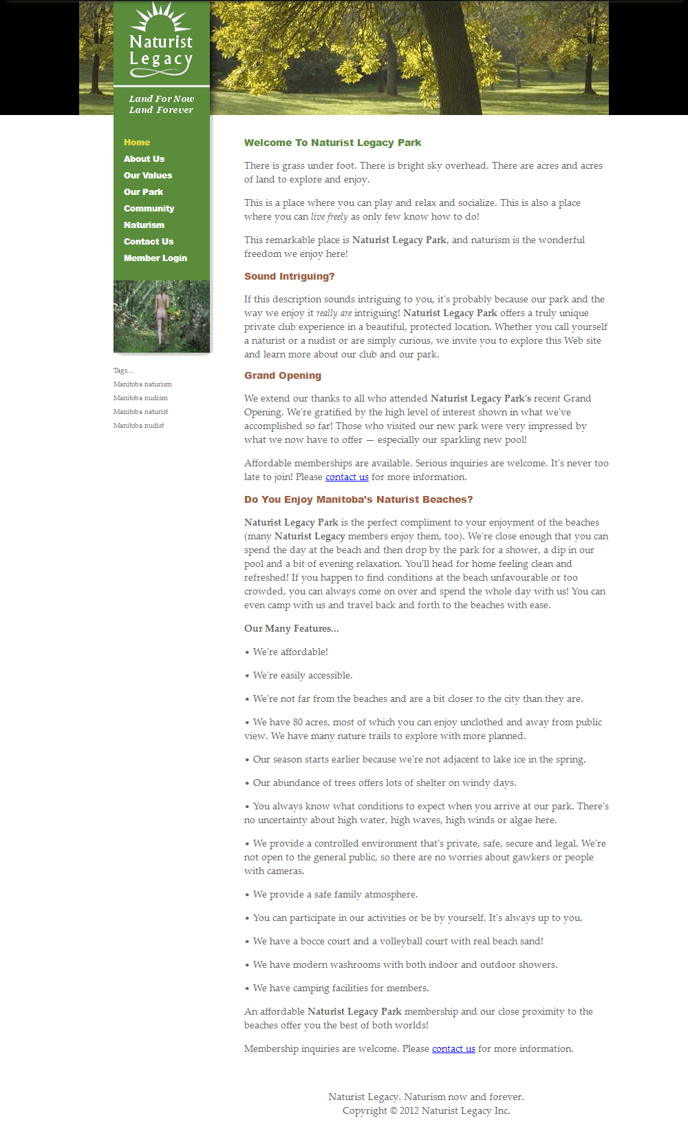 Naturist Legacy History: Their website in 2012
